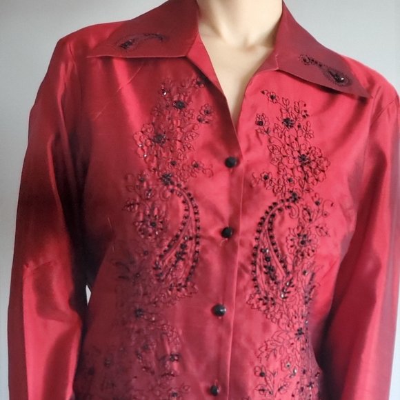 Silk Land Red Embroidered Button Up Blouse with beaded embellishments 100% silk - Picture 2 of 4